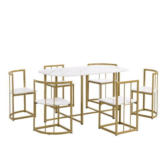 TOPMAX Modern 7-Piece Dining Table Set with Faux Marble Compact 55Inch Kitchen Table Set for 6 Golden+White