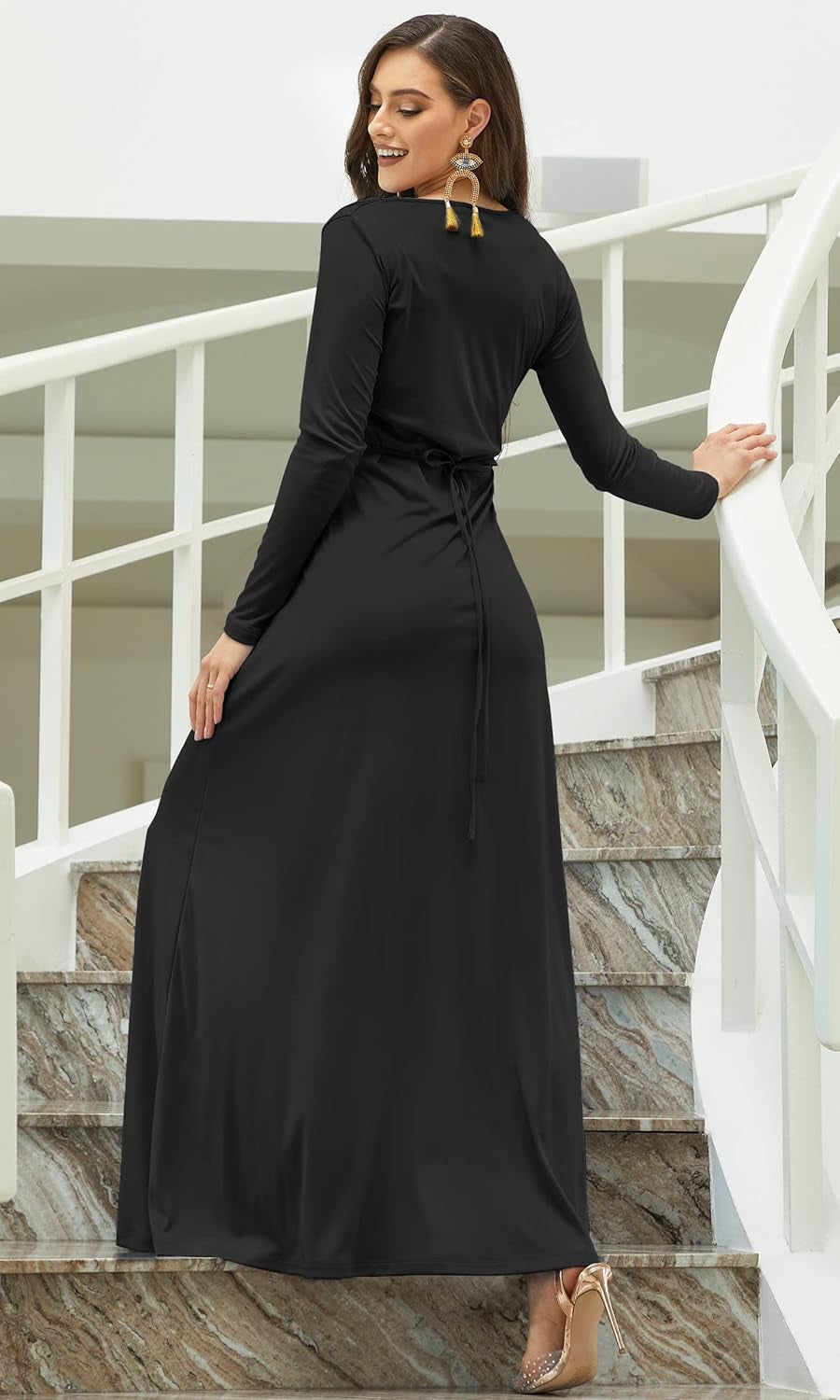 Elegant Long Sleeve Pleated Maxi Dress – Adjustable Fit, Maternity Friendly
