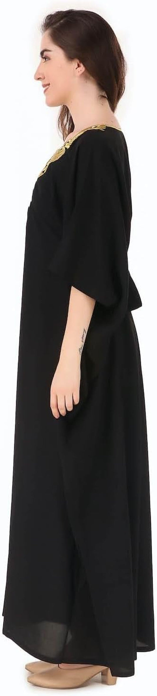 Elegant Gold Embroidered Kaftan with Cutwork Neckline