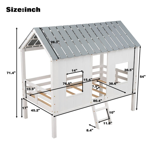 Twin Size Low Loft House Bed with Roof and Two Front Windows White
