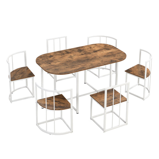 TOPMAX Modern 7-Piece Dining Table Set with Faux Marble Compact 55Inch Kitchen Table Set for 6 White+Cherry