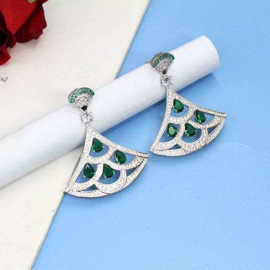 Green Zircon Fan Earrings with Gold Plating