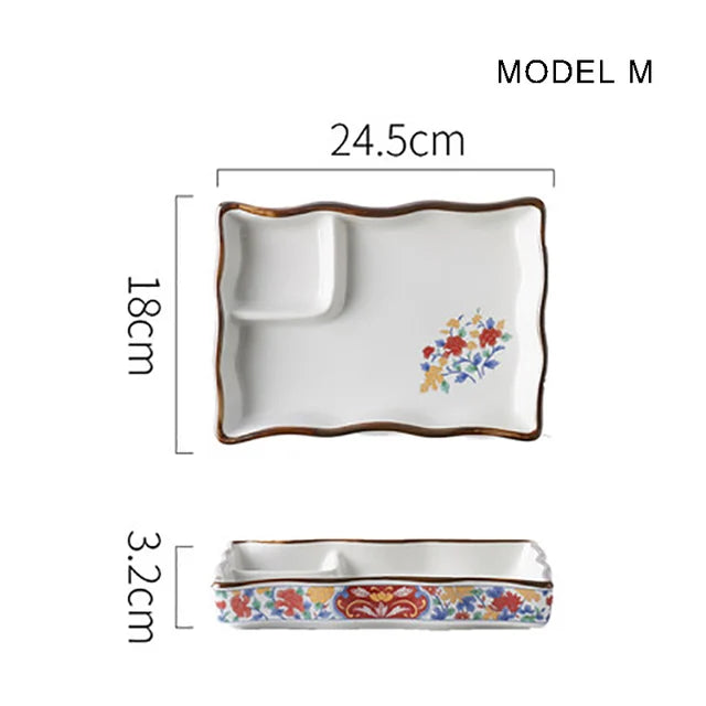 Dumpling plate sushi plate round square plate with soy sauce and vinegar partitioned snack plate ceramic plate for home use