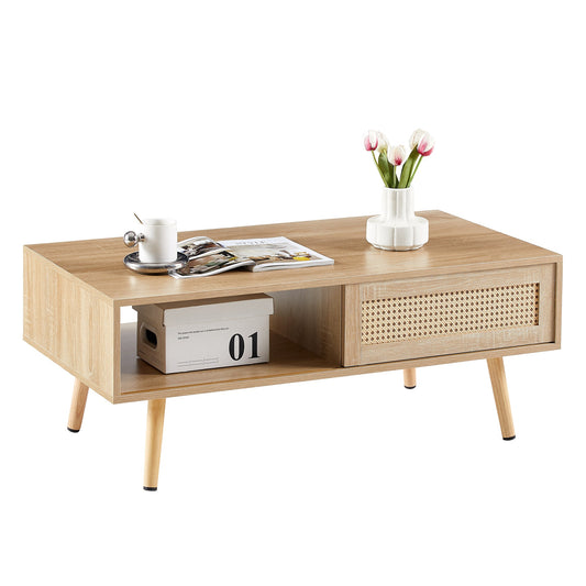 41.34" Rattan Coffee table sliding door for storage solid wood legs Modern table for living room natural