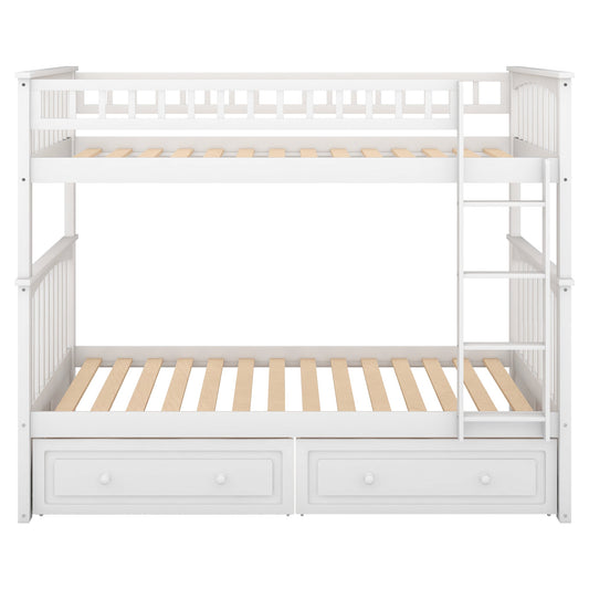 Twin over Twin Bunk Bed with Drawers Convertible Beds White