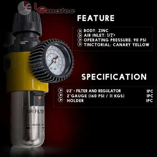 1/2" NPT Air Compressor Filter Regulator Combo - 160 PSI Heavy-Duty System (AS209)