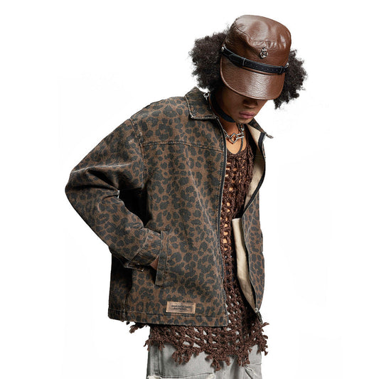 Leopard Print Denim Jacket Style Men's Punk Spring and Autumn Loose Casual Washed Open Front Zipper Collar Outerwear