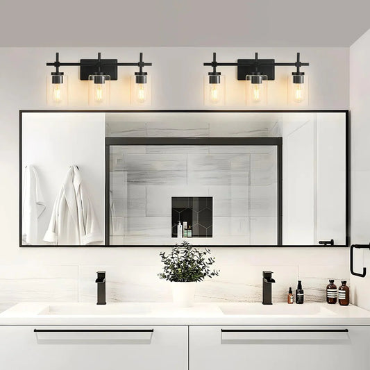 Jasper 3-Light Modern Clear Glass Bathroom Vanity Light, Black & Nickel