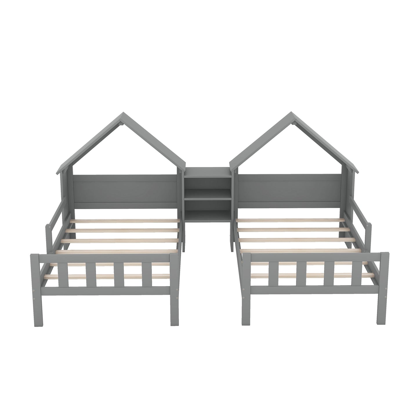 Double Twin Size Platform Bed with House-shaped Headboard and a Built-in Nightstand Grey