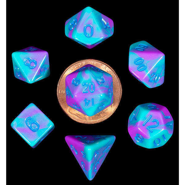 Mini Polyhedral Dice Set: Purple / Teal with Blue Numbers