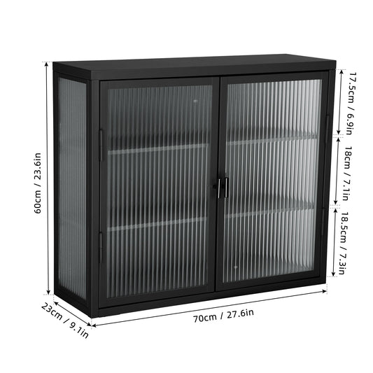 Retro Style Haze Double Glass Door Wall Cabinet With Detachable Shelves for Office Dining Room Living Room