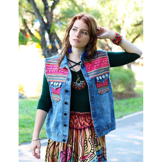 One of Kind Demin Embroidered Vest with Upcycled Hmong Fabrics - Thailand