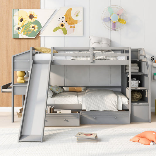 Twin over Twin Bunk Bed with Storage Staircase, Slide and Drawers, Desk with Drawers and Shelves Gray