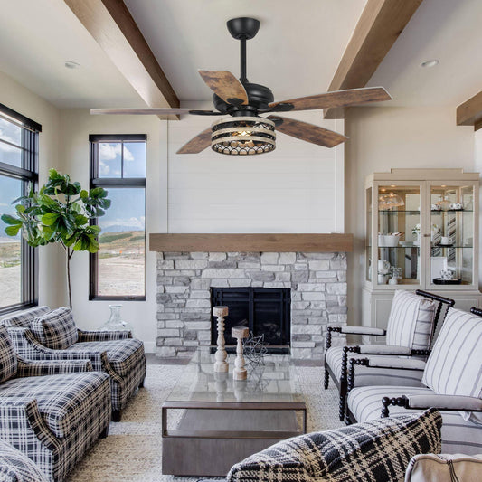 52" Matte Black Led Indoor Cage Ceiling Fan 5 Blade