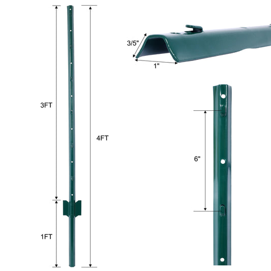 Fence post 3-foot-10 pack, heavy-duty metal fence post with U-shaped groove