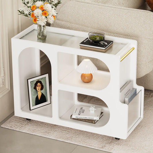 Stylish mobile desk with lockable wheels, white bedside table with 5mm thick grooved tempered glass and gold round bars