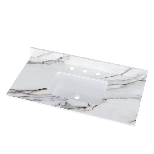 43 inch marble countertop with base rectangular central sink and 4-inch high splash guard, pre drilled 8-inch faucet hole ,white