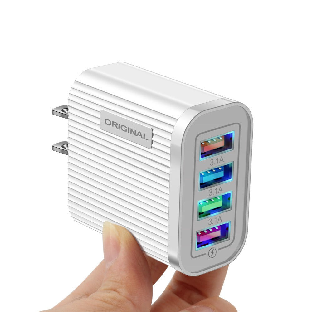 Luminous 4 USB mobile phone charging head, European and American standard travel charger, striped USB smart tablet charger