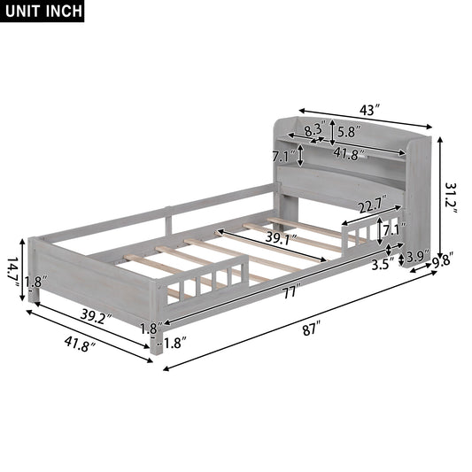 Wood Twin Size Platform Bed with Built-in LED Light Storage Headboard and Guardrail Antique Grey