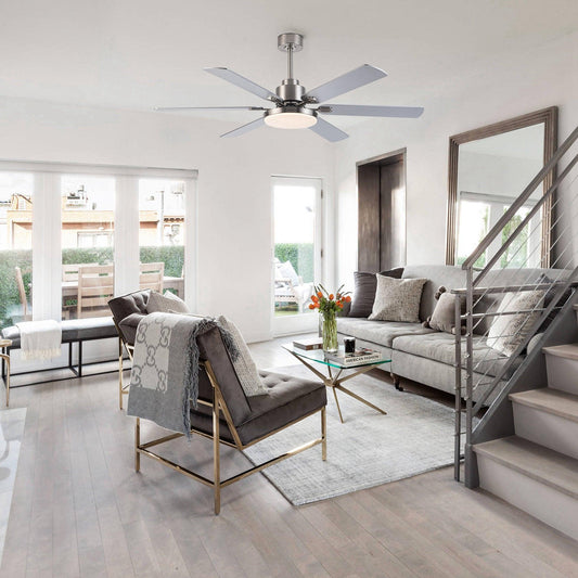 60" Modern Satin Nickel DC Motor Downrod Mount Reversible Ceiling Fan With Lighting And Remote Control