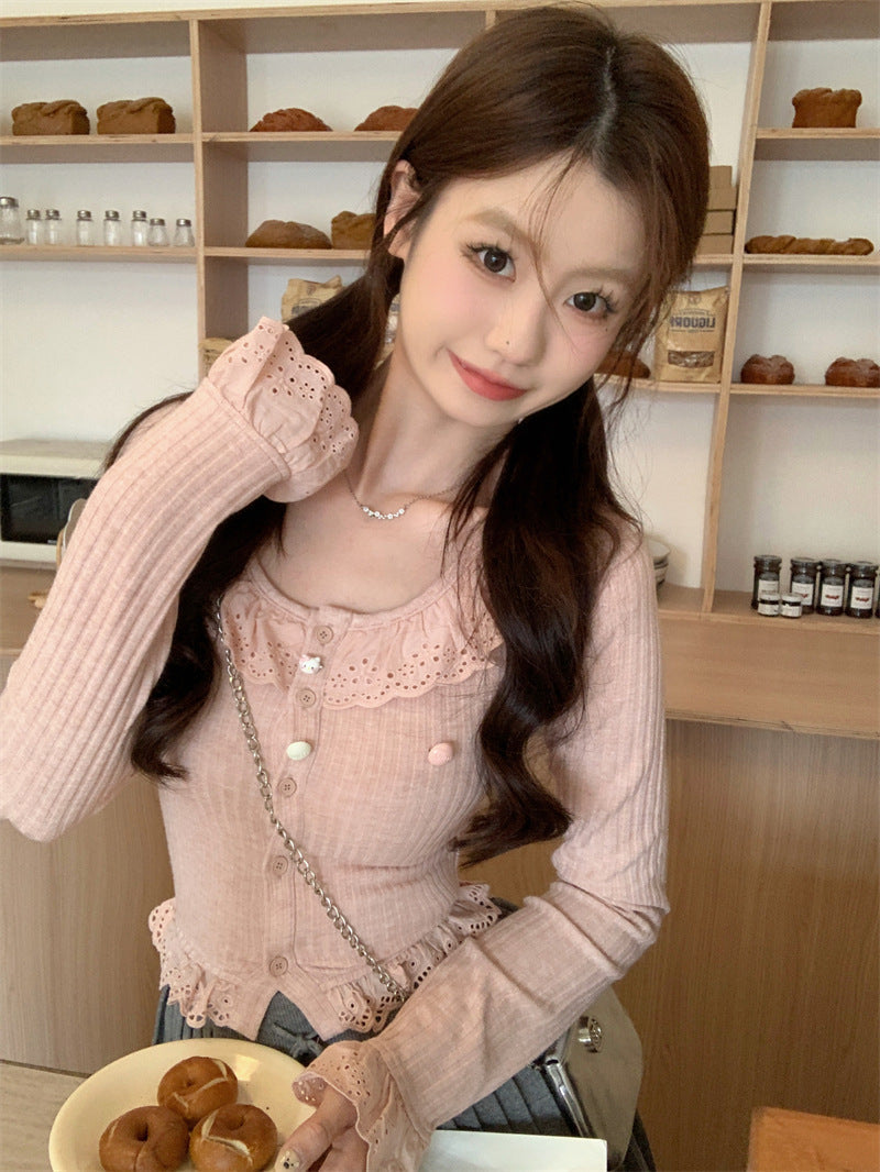 Slim Fit All-matching Long Sleeve Top Ruffled Knitted Cropped T-shirt Tide