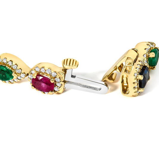 14K Yellow Gold Multi-Gemstone and Diamond Halo Rainbow Tennis Bracelet