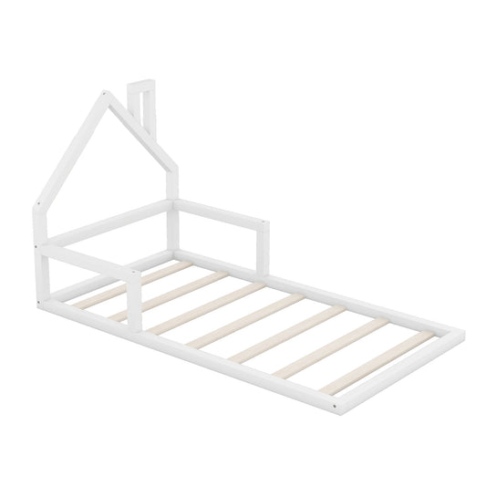 Twin Size Wood Floor Bed with House-shaped Headboard White