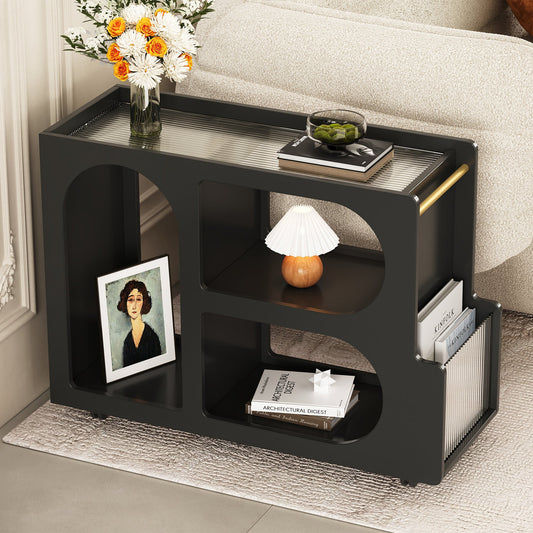Stylish mobile desk with lockable wheels,bedside table with 5mm thick grooved tempered glass and gold round bars ,black