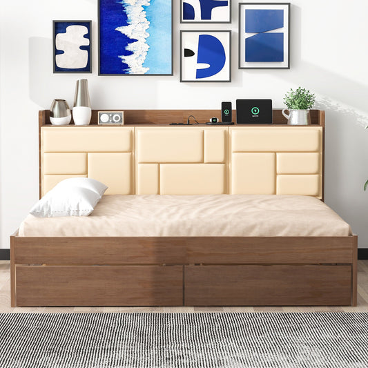 Full Size Wood Daybed with Upholstered Storage Shelves USB Ports and 2 Drawers Wood Color