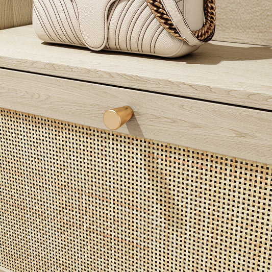 Natural Bohemian style shoe cabinet with 3 rattan flip drawers, 3 square shelves, and 1 storage drawer, Natural