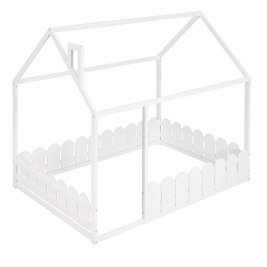 (Slats are not included) Full Size Wood Bed House Bed Frame with Fence for Kids Teens Girls Boys (White )