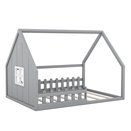 Full Size Wood House Bed with Window and Fence Gray