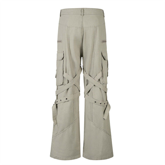 High Street Style Multi-Pocket Workwear Flared Trousers with Belt Design for Men