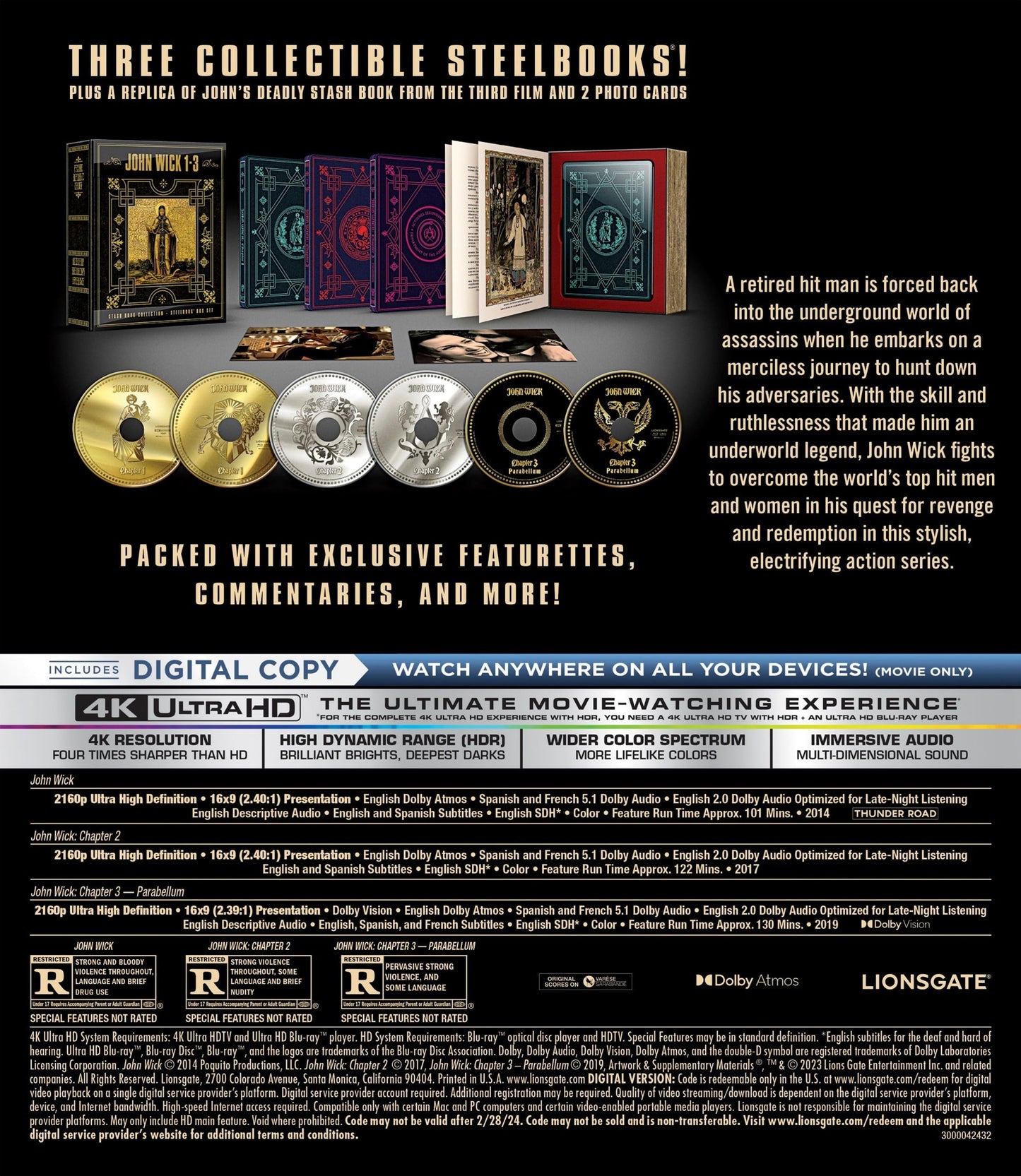 John Wick: Chapters 1-3 Stash Book Collection - Steelbook Box Set (4K Ultra HD + Blu-Ray + Digital Copy)