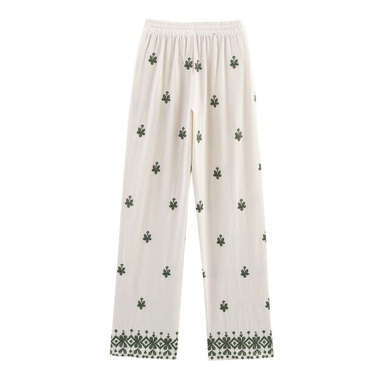 Elastic Waist Tied Embroidered Wide Leg Pants for WomenStyle Fashion Casual