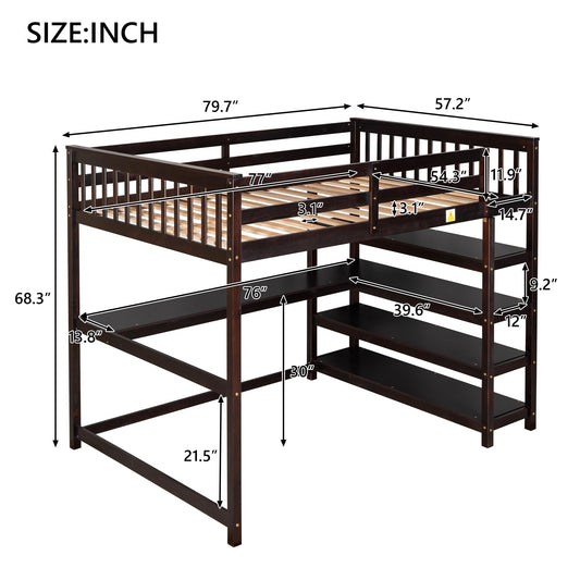 Full Size Loft Bed with Storage Shelves and Under-bed Desk Espresso