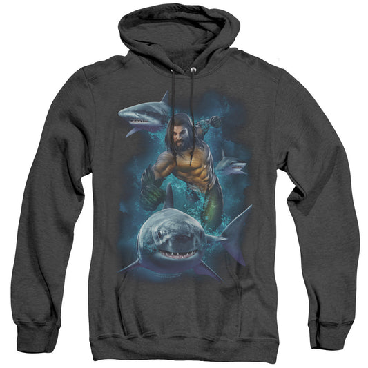Aquaman Movie Swimming With Sharks Mens Heather Hoodie Black Officially Licensed