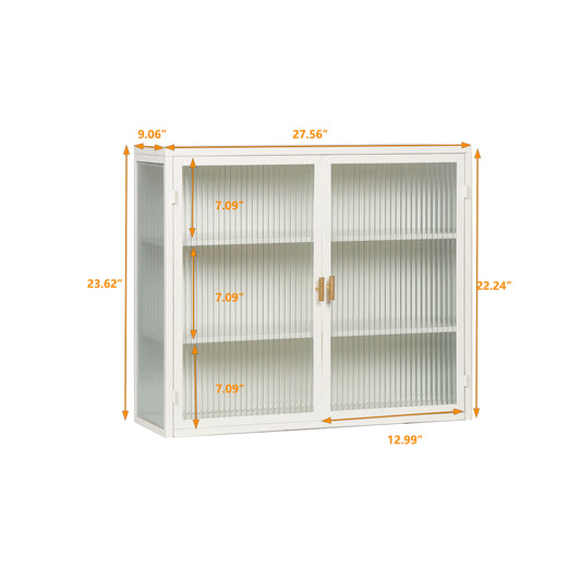 27.56"Glass Doors Modern Two-door Wall Cabinet with Featuring Three-tier White