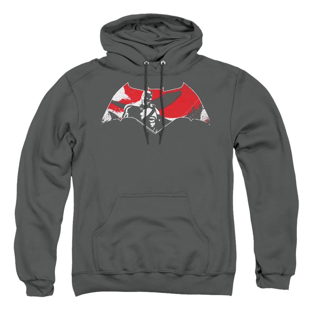 Batman V Superman Armor Splatter Logo Mens Hoodie Charcoal Officially Licensed