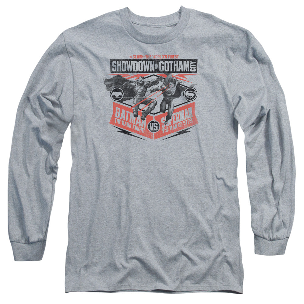 Batman V Superman Showdown In Gotham Mens Long Sleeve Shirt Athletic Heather Officially Licensed