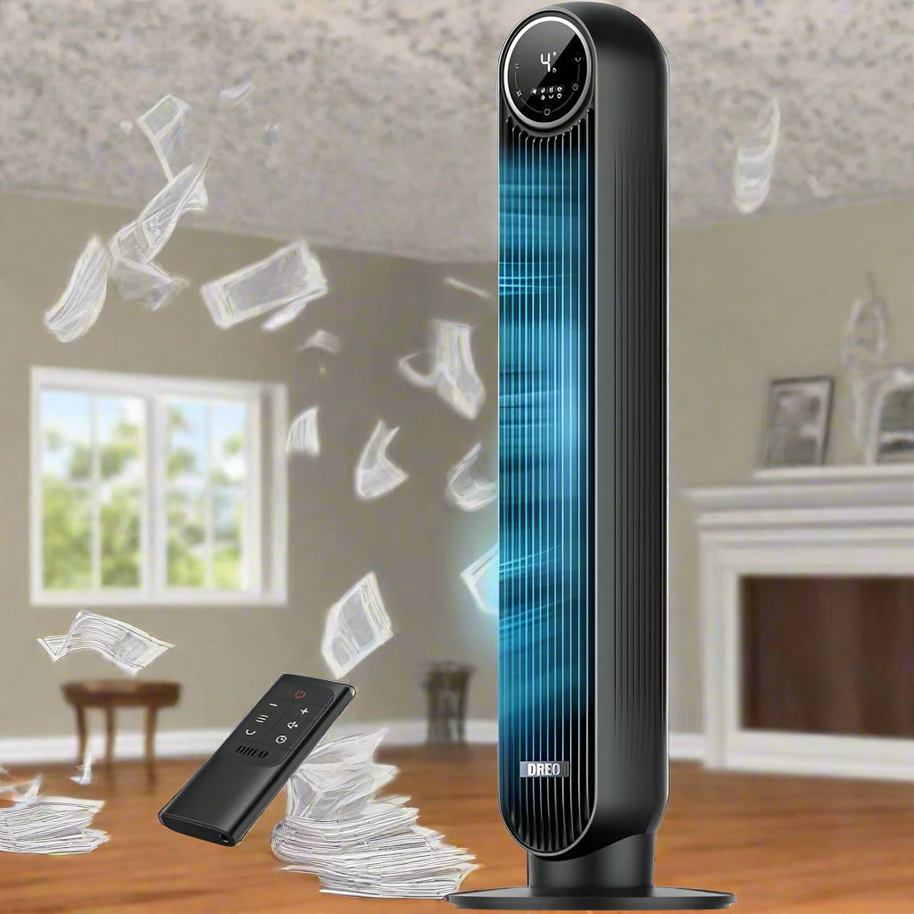 Black tower fan with remote control on a white background