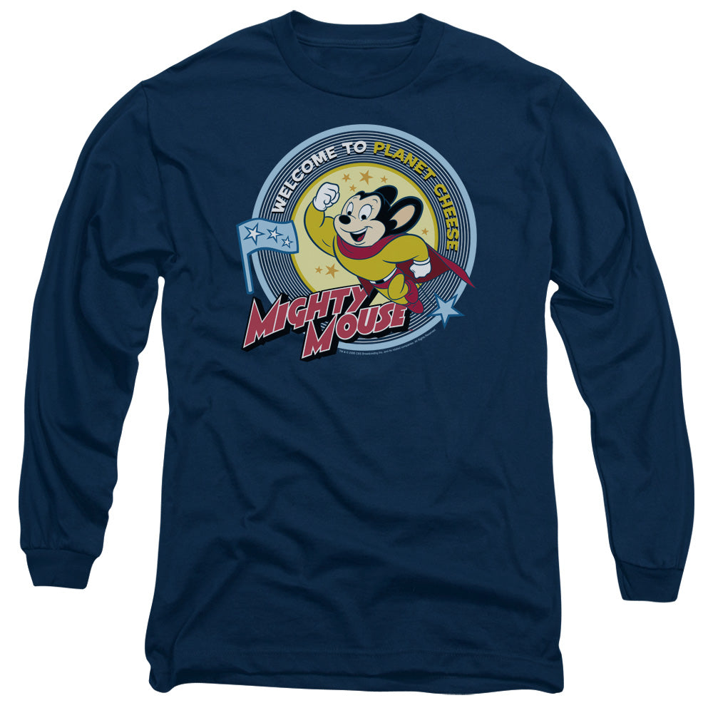 Mighty Mouse Planet Cheese Mens Long Sleeve Shirt Navy Blue Officially Licensed