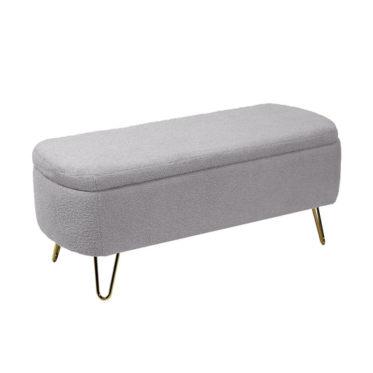 Grey Storage Ottoman Bench for End of Bed Gold Legs Modern Grey Faux Fur Entryway Bench