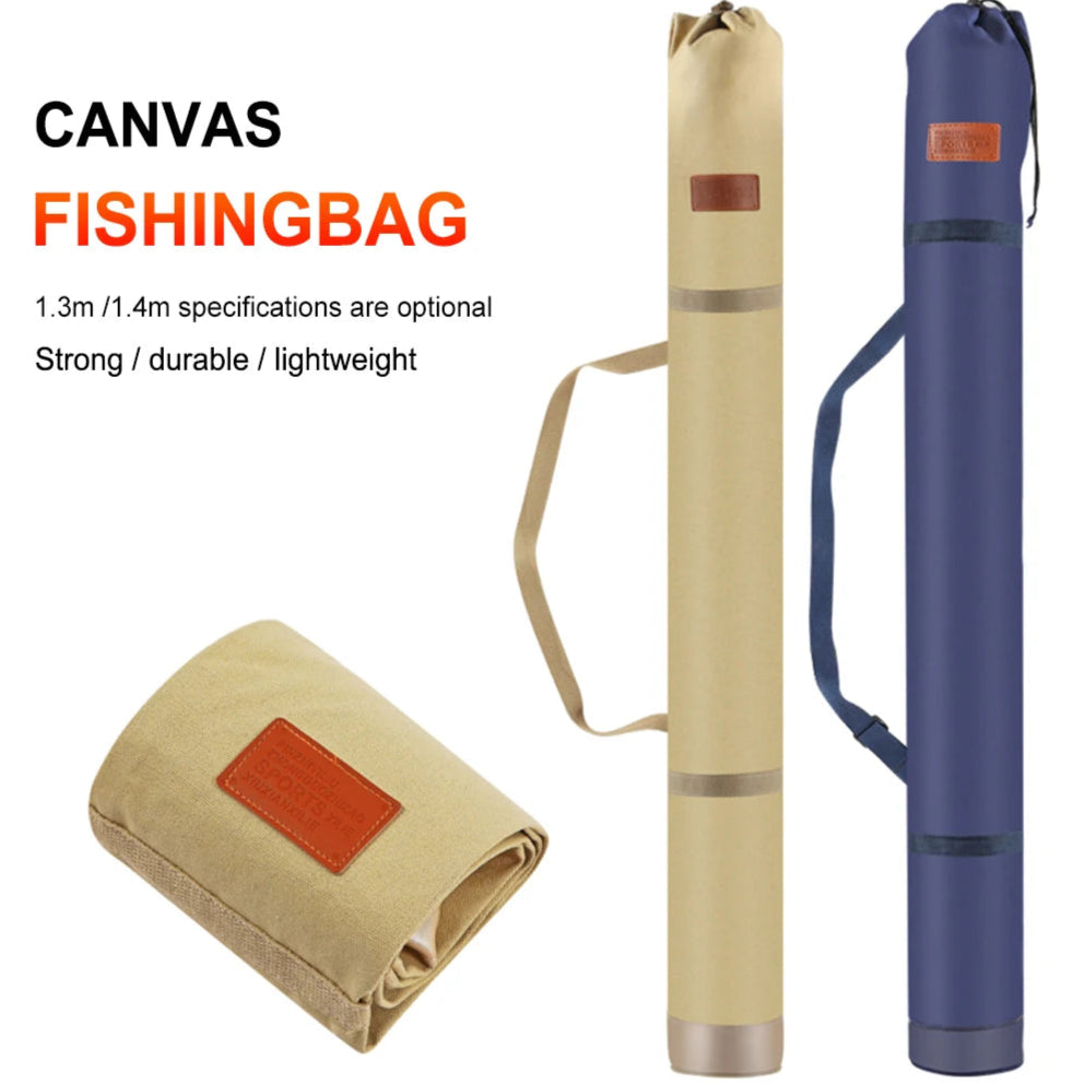 Canvas fishing bags in beige and blue on a white background with text about specifications and features.