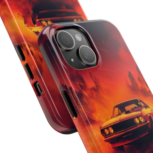 Doge Challenger in Flame: An Orange-Themed Phone Cover Celebrating Automotive Excellence