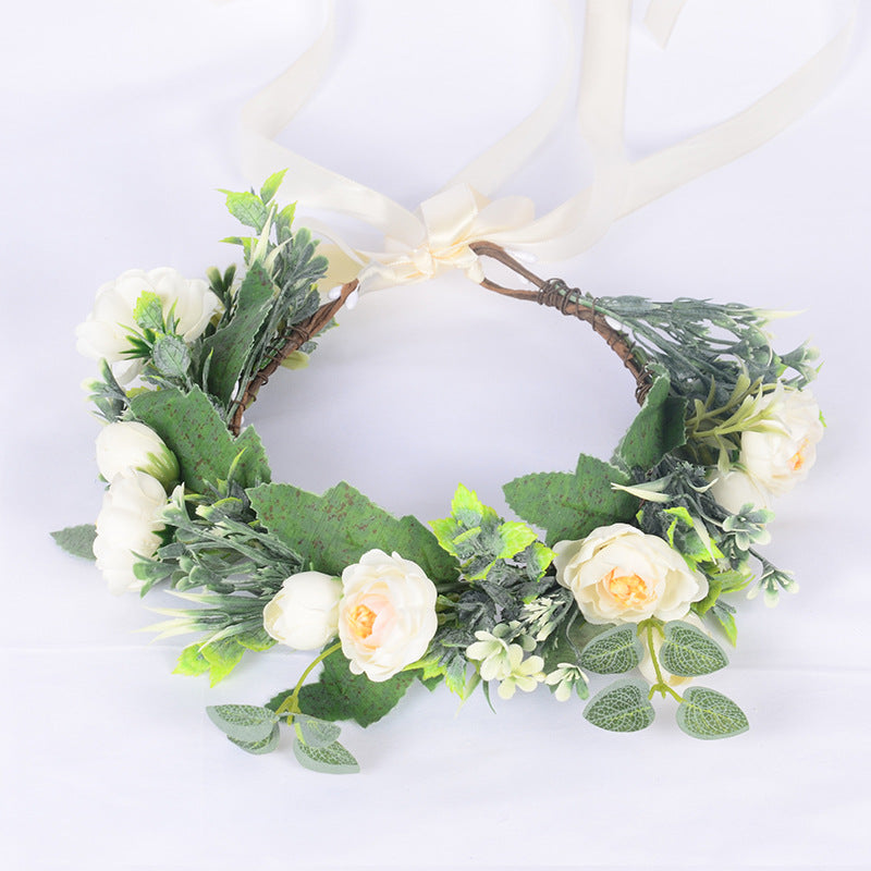 Flower garland headwear, forest style girl, sweet vacation, photography, hair accessories, simulated flowers, green leaves, flower garland