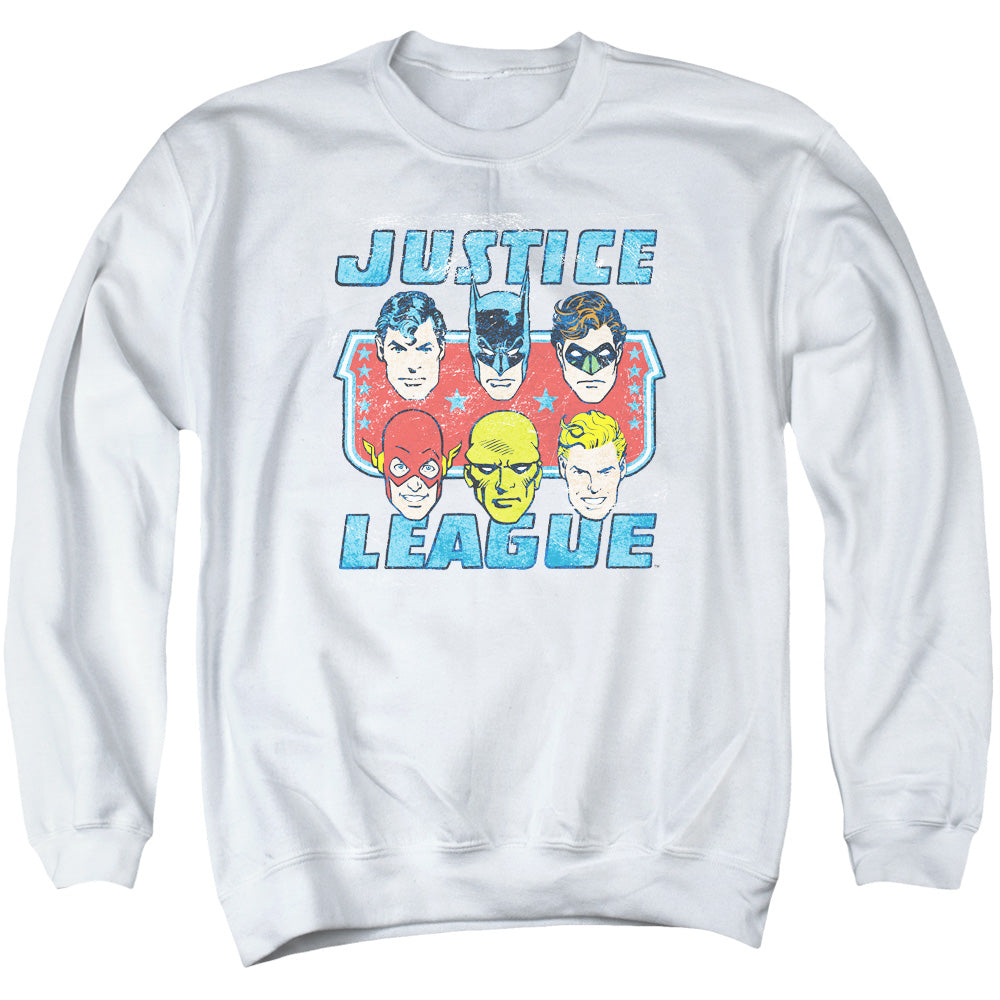 DC Comics Faces of Justice Mens Crewneck Sweatshirt White Officially Licensed