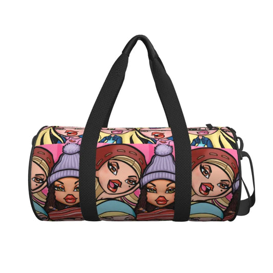 Duffel bag with cartoon character design on a white background