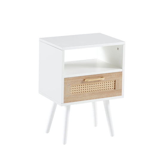 15.75" Rattan End table with drawer and solid wood legs Modern nightstand side table for living room white