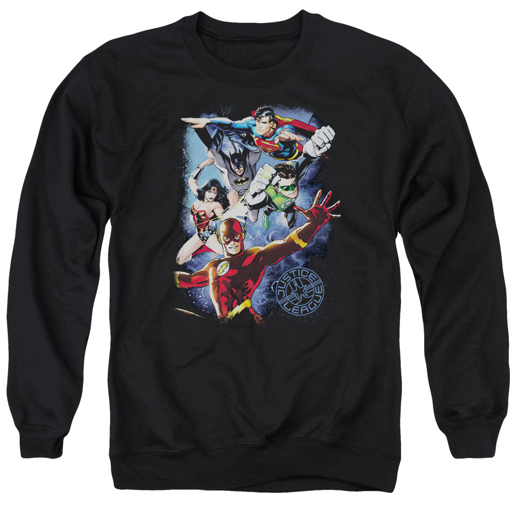Justice League Of America Galactic Attack Color Mens Crewneck Sweatshirt Black Officially Licensed